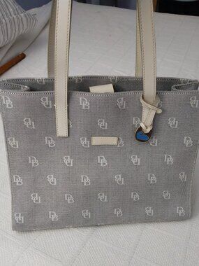 Dooney & Bourke Shoulder Bag Signature Monogram Gray Blue Canvas Leather Trim